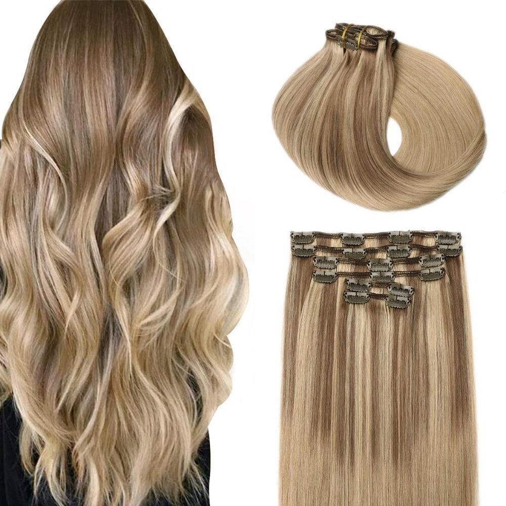 Human Hair Clip In Extensions 14 Inch Balayage Golden Brown to Caramel Blonde